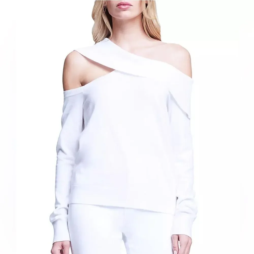 L'AGENCE NWT Minnie Asymmetric Off-The-Shoulder Knit Sweater White Size Large